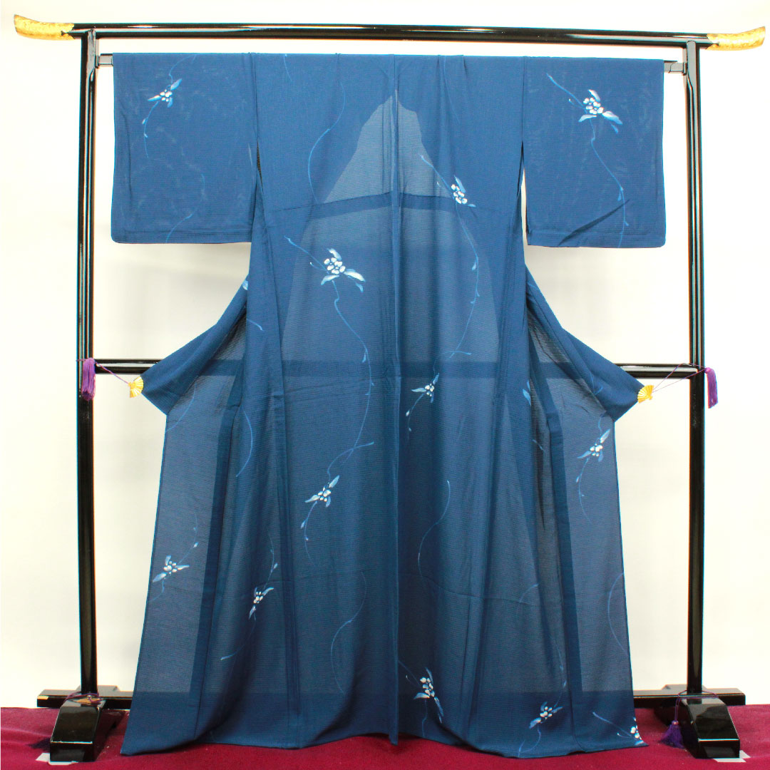 夏物 正絹 小紋 身丈166cm 裄丈66.5cm 鉄葡萄色（てつぶどういろ） 抽象模様  絽 Sランク 紺系 1132000662518