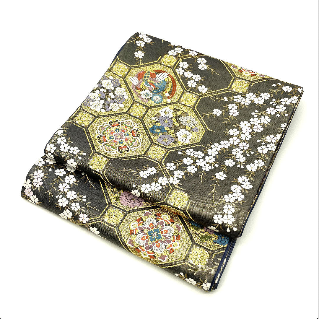 （未仕立）袋帯 全通全景 三十六歌仙文様 千紫萬紅 帯丈454cm 正絹 NEWランク 全通 フォーマル グレー系 1123003581422