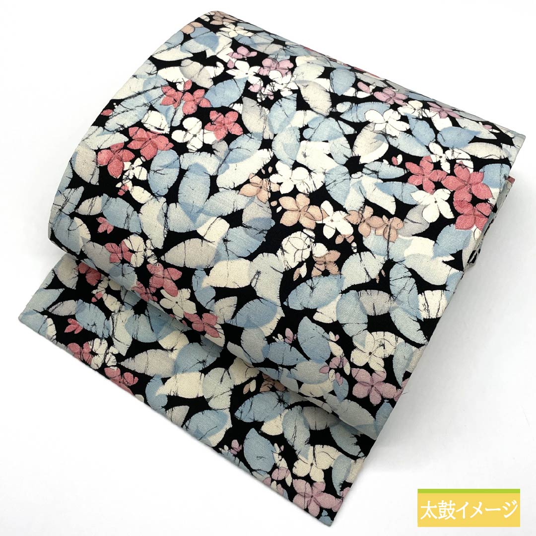 Nagoya obi, dyed obi, floral pattern, obi length 331cm, pure silk, S rank, full length, casual, black, 1124007352310, Nagoya style