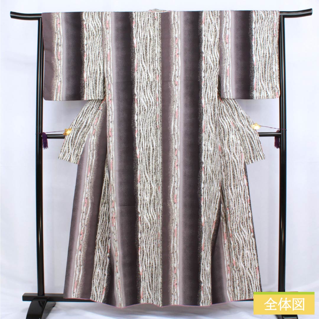 小紋 ポリエステル 身丈158cm 裄丈64.5cm 袷 今鶴羽色（いまつるはいろ） 縦縞 洗える着物 Sランク グレー系 1115006262322