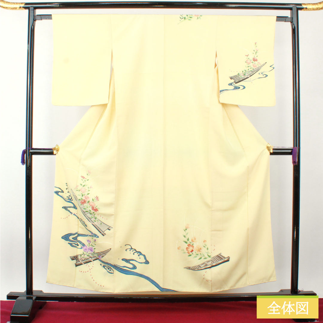 Homongi, pure silk, lined, length 156cm, sleeve length 61.5cm, light egg color, Kyo-Yuzen, A rank, cream color, 1112004563315