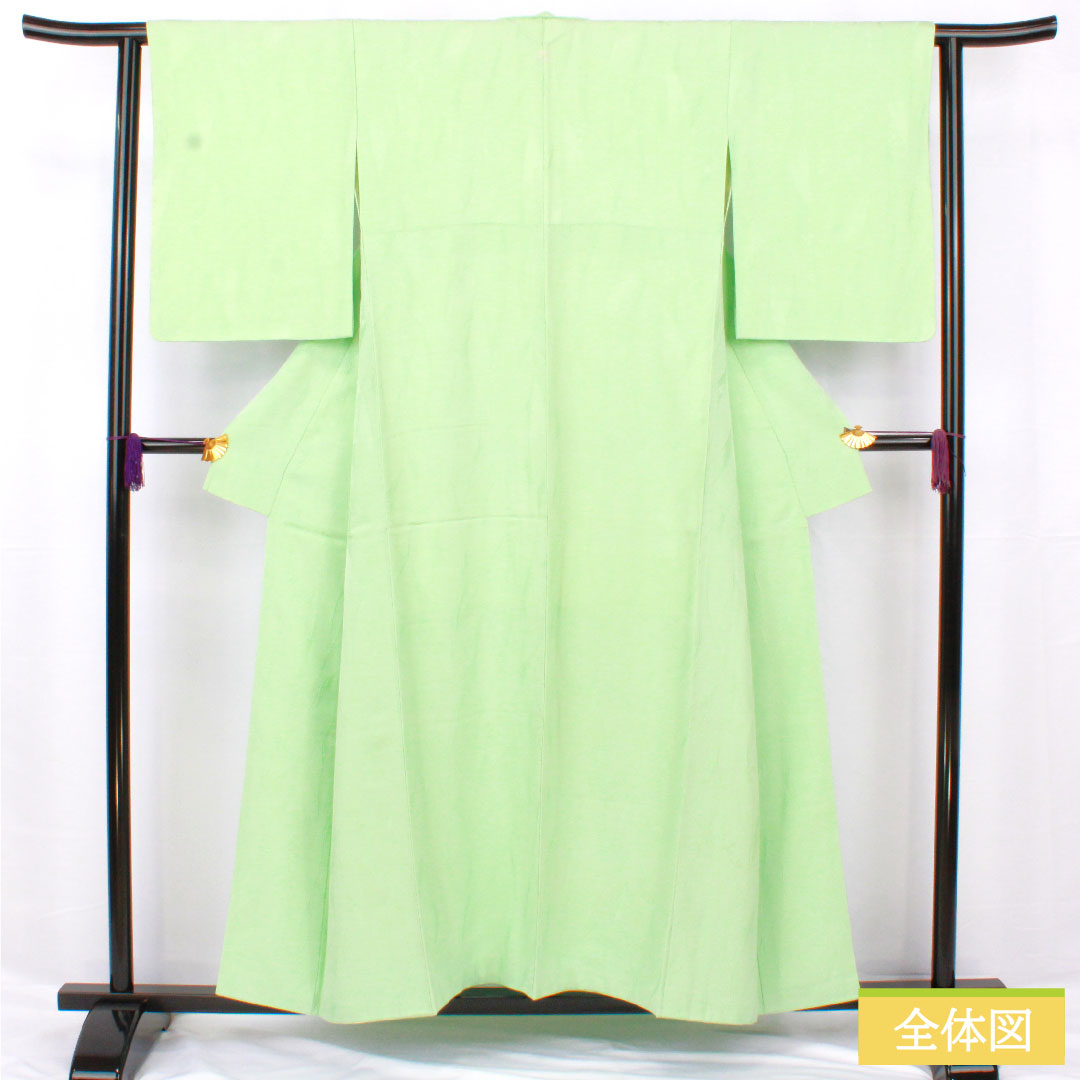 色無地 正絹 身丈155cm 裄丈62cm 綸子 一つ紋 大割抱き茗荷 袷 Aランク 緑系 1114001853319
