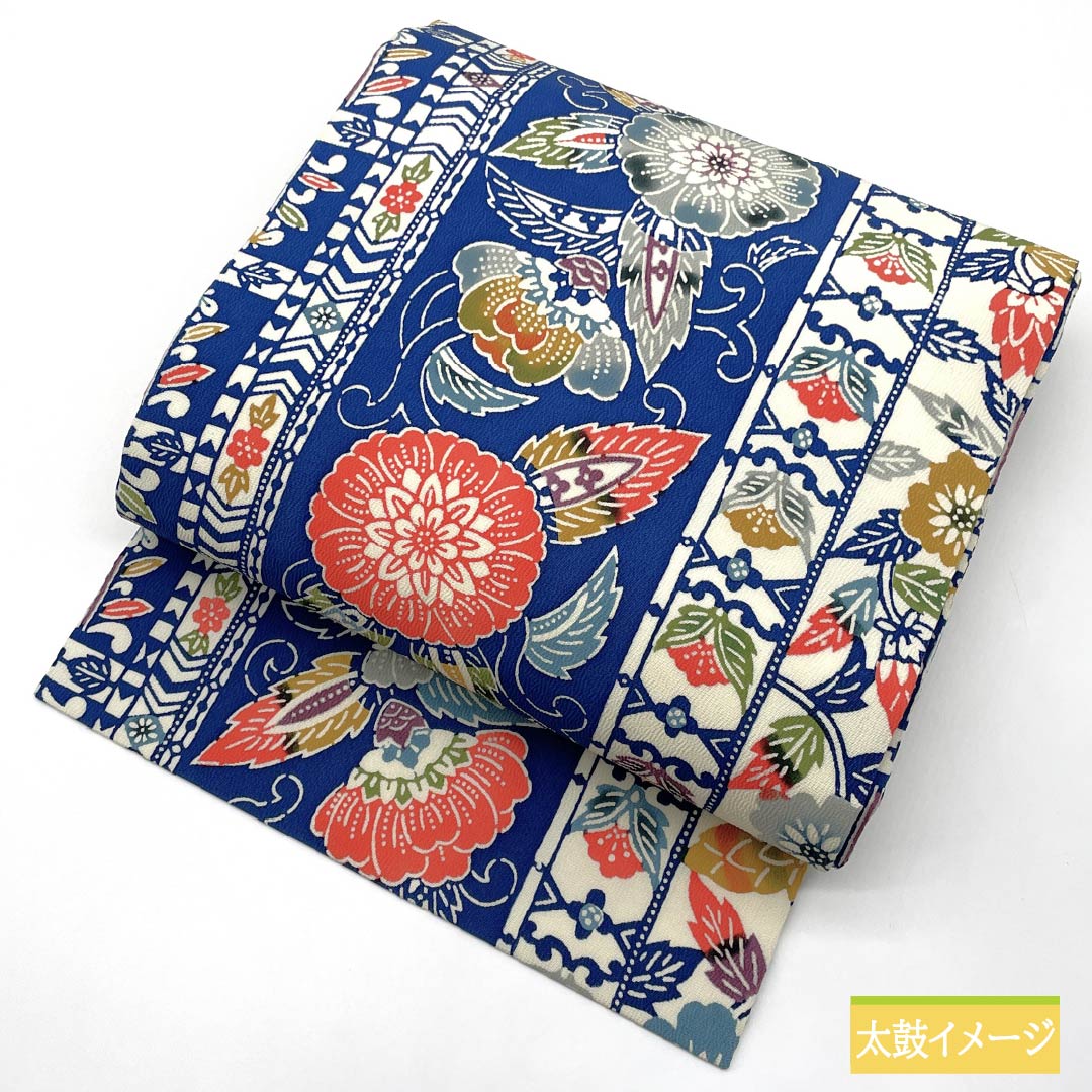 名古屋帯 紺青色（こんじょういろ） 京紅型 花唐草 帯丈367cm 正絹 Sランク 全通 カジュアル 青系 1124006762317 名古屋仕立て