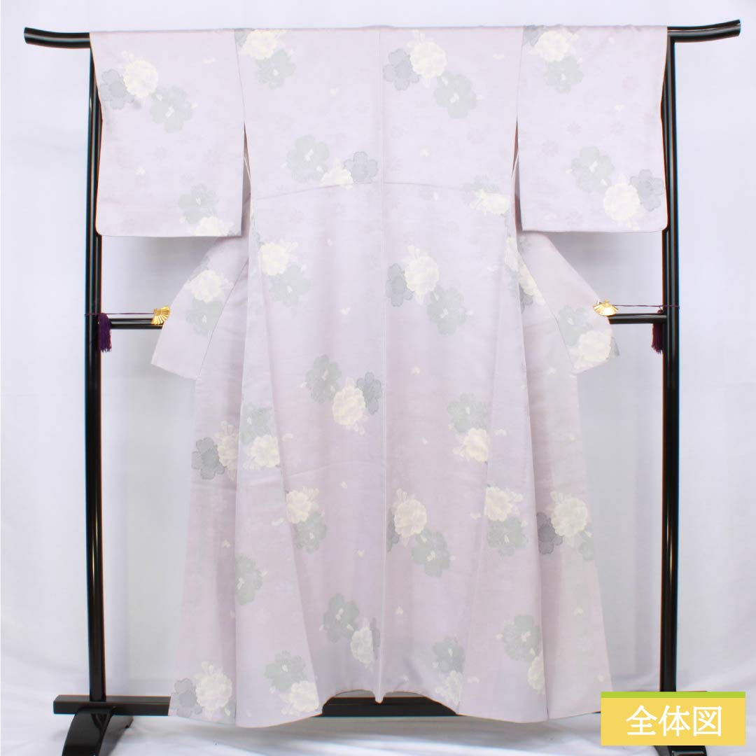 Komon (small pattern) kimono, pure silk, length 156cm, sleeve length 66cm, lined, hazy color (kasumi-iro), stencil-dyed, cherry blossom and camellia motifs, Kirara Guard, S rank, purple, 1115006192320