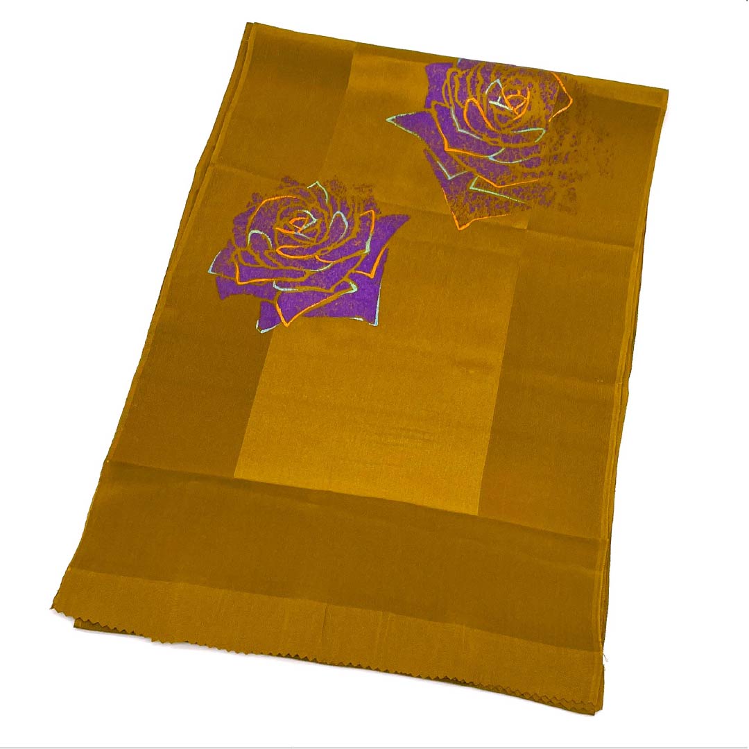 Casual obiage (sash sash) made of pure silk, S-rank, in fox-colored with a unique rose and floral pattern. Length: 172cm, Width: 28.5cm, Brown. Product number: 1136001962914