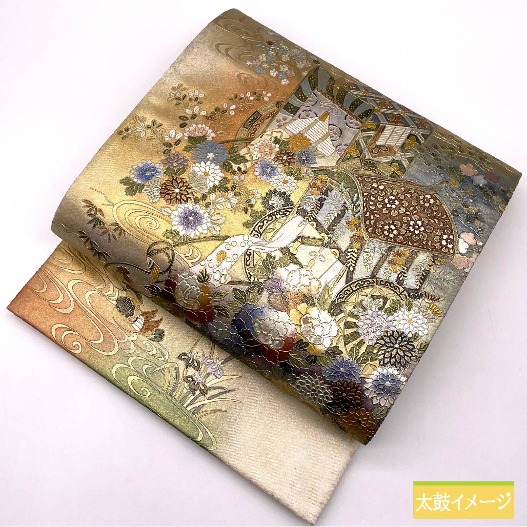 袋帯 正絹 生成り色（きなりいろ） 留袖用 螺鈿 引箔 御所車 帯丈446cm Aランク 六通 フォーマル クリーム系 1123014043315