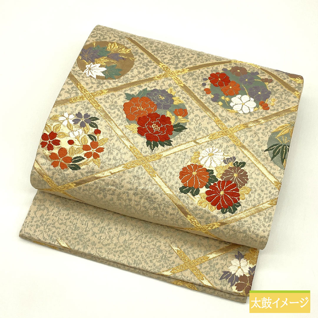 袋帯 正絹 Aランク ななめ格子 西陣織 花丸   帯丈426cm 六通 フォーマル ベージュ系 1123017353325