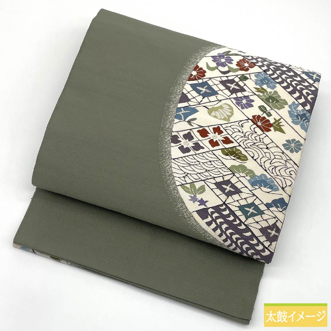 名古屋帯 正絹 Aランク 灰緑色（はいみどりいろ） 綴れ織 円相古典柄 切りばめ風 帯丈370cm ポイント柄 セミフォーマル 緑系 1124010563319 松葉仕立て