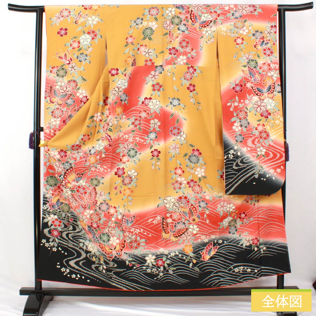 Formal Silk Kimono (Furisode) S-rank, Length 157cm, Sleeve-to-sleeve 62cm, Lined, Wheat color, Kyo Yuzen Dyeing, Auspicious patterns, Butterflies, Flowers, Flowing water, Orange tones, 1113002882326