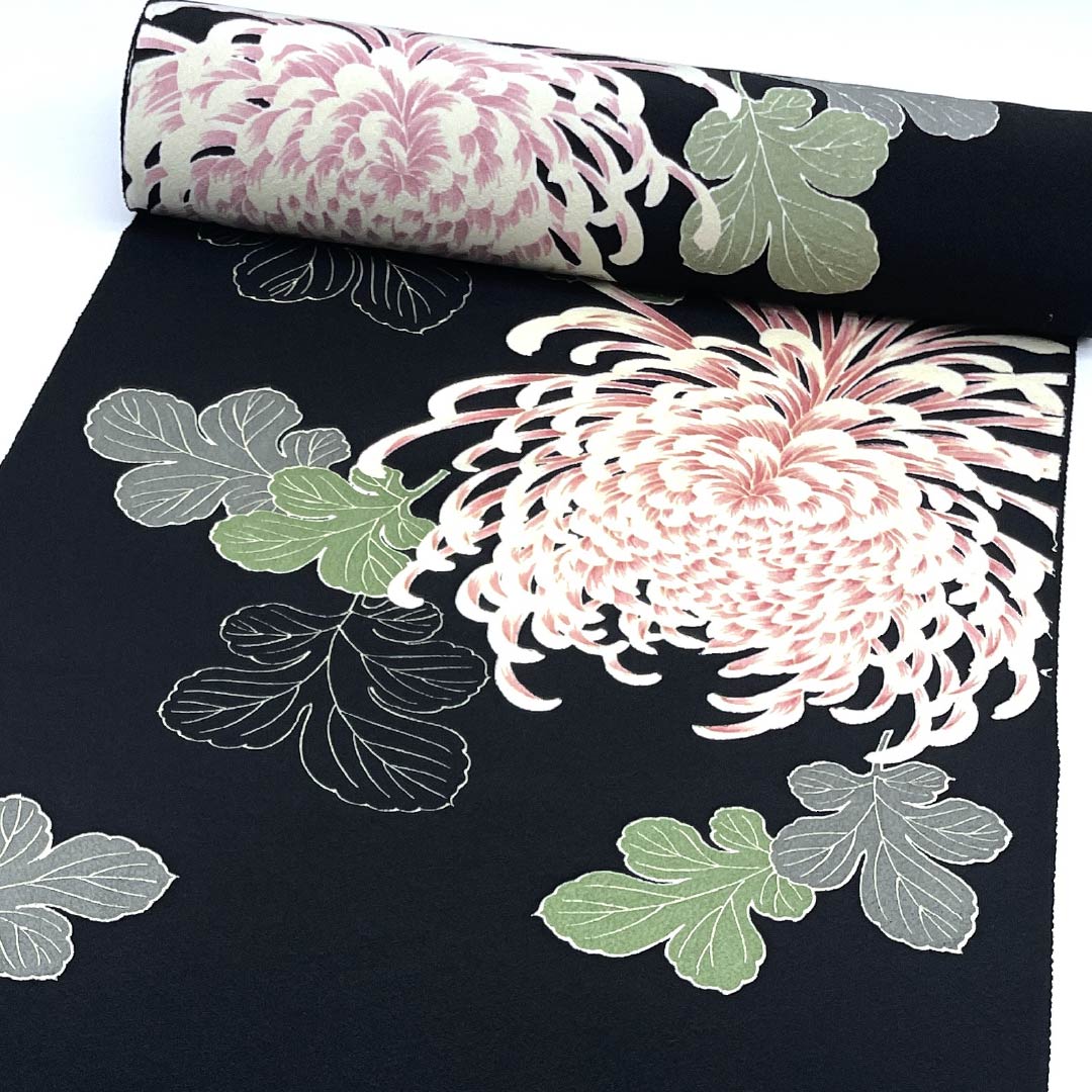 反物 小紋 正絹 黒色（くろいろ） 丹後ちりめん 糸菊 花柄 NEWランク 黒系 1130001021910