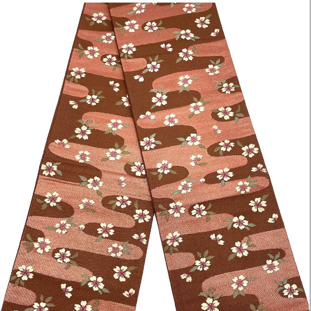 半幅帯 ポリエステル 褐色（かっしょく） 雲 桜 古典柄 帯丈374cm 茶系 Sランク 1125001072314