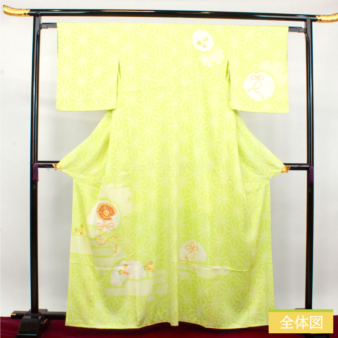 訪問着 正絹 袷 身丈162.5cm 裄丈62cm 若芽色 刺繡 絞り 麻の葉 Aランク 緑系 1112003433419