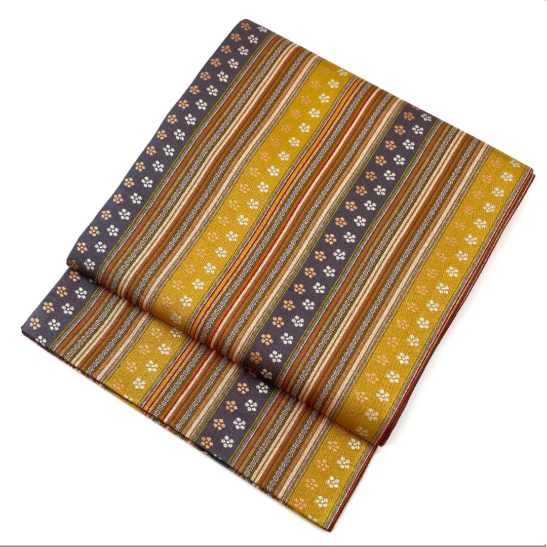 袋帯 縞 花模様 帯丈442cm 正絹 Aランク 全通 カジュアル グラデーション系 1123005973399