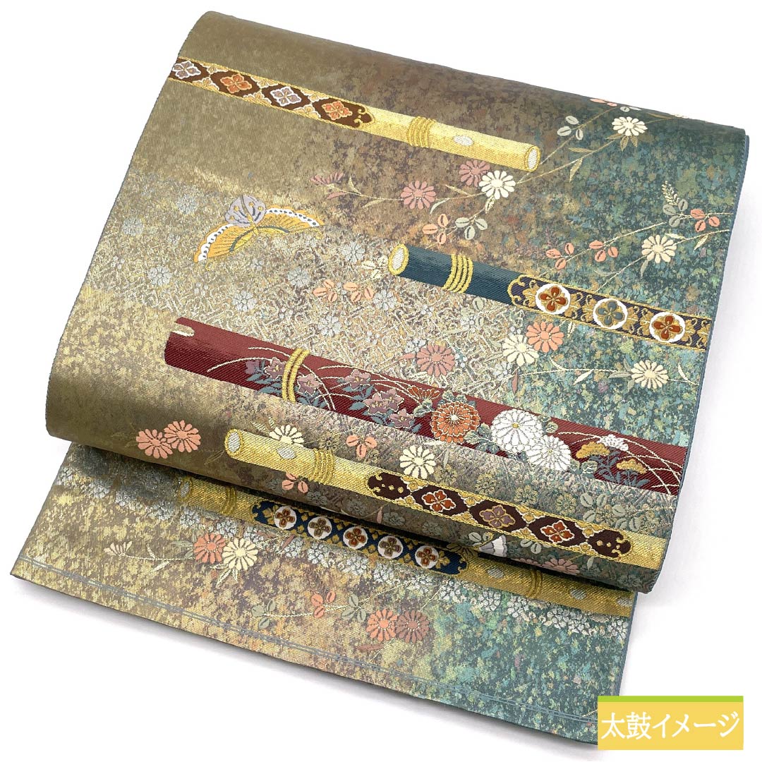 Fukuro Obi, pure silk, for Tomesode, with gold leaf, autumn wind sounds, butterfly, flute, obi length 446cm, S rank, six-way, formal, gradation style, 1123013892399