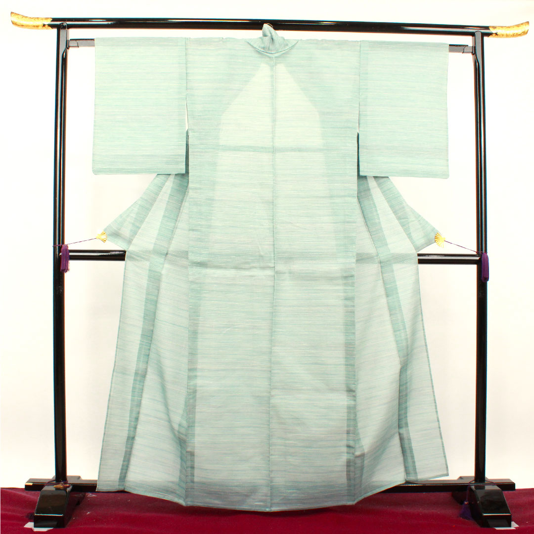 夏物 正絹 紬 身丈163cm 裄丈63cm 薄水色（うすみずいろ） 横縞 紗 Aランク 水色系 1132001023424