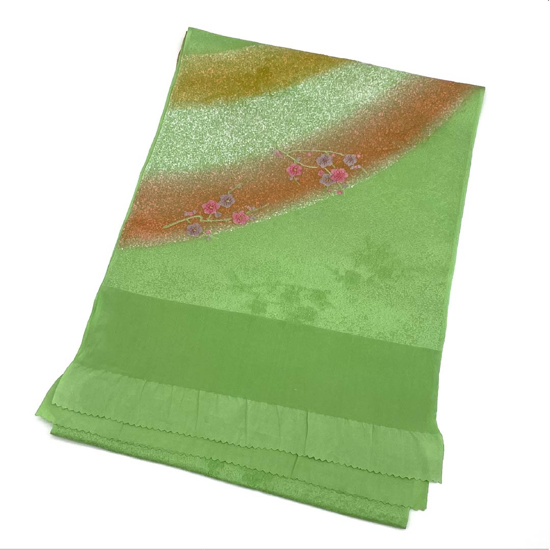 Semi-formal obiage (sash sash), pure silk, S-rank, light green, plum blossom print, classic dyed pattern, approximately 164cm long, 29cm wide, green, product number 1136001922919