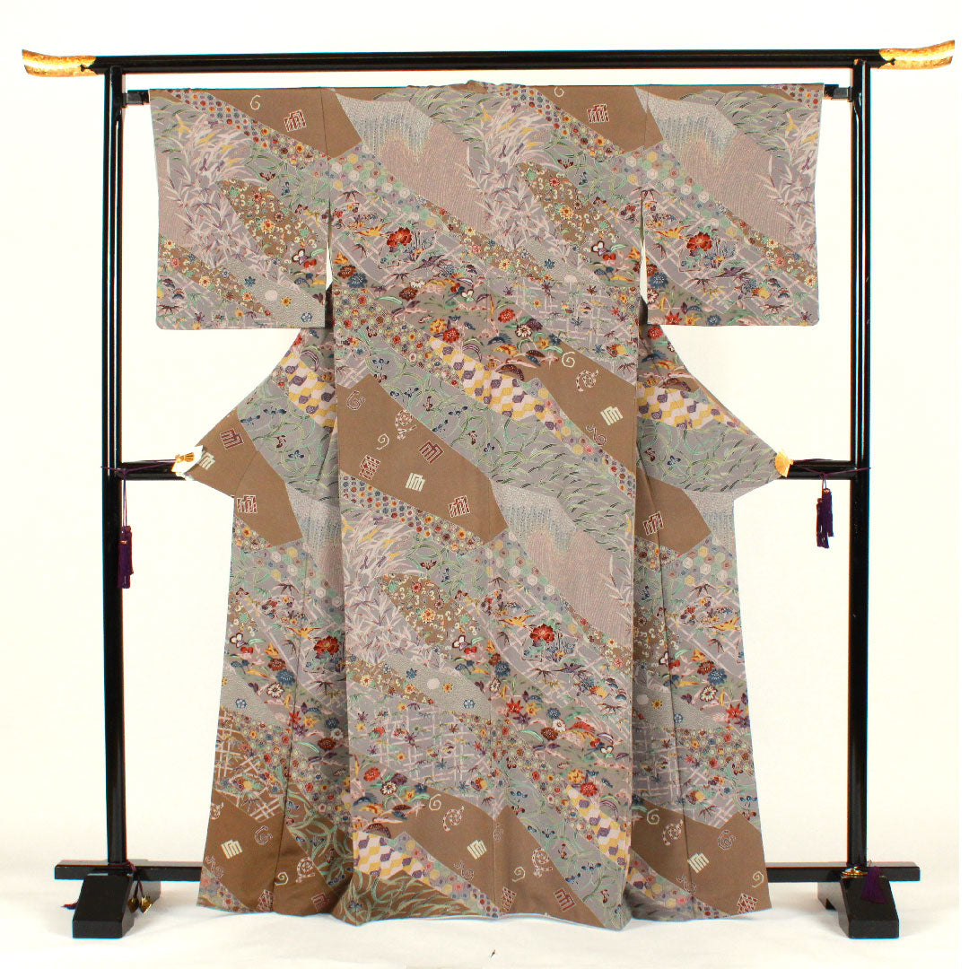 訪問着 袷 身丈165.5cm 裄丈66cm 京紅型 源氏香 草花模様 正絹 Aランク グレー系 1112001453522