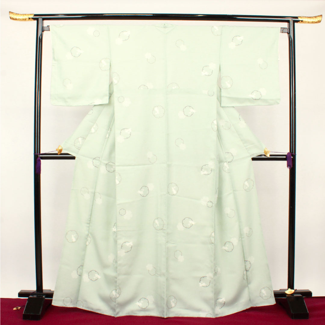 小紋 身丈166cm 裄丈66cm 袷  秘色色 洗える着物 雪輪 うさぎ  ポリ Sランク 青系 1115002582517