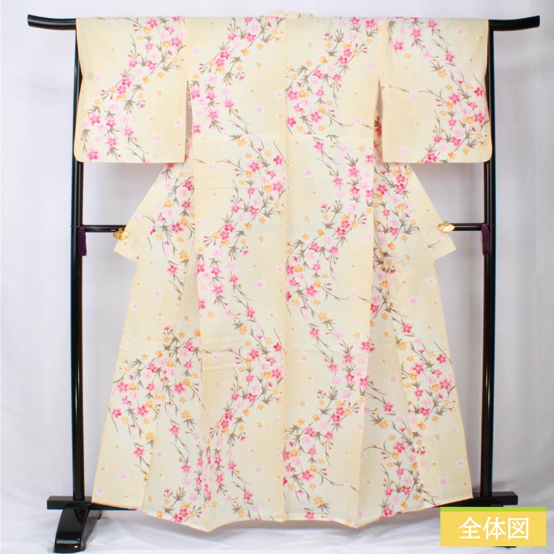 浴衣 木綿 身丈160cm 裄丈66.5cm Aランク 単衣 クリーム系 東京白茶色（とうきょうしらちゃいろ） 桜 1118006033415