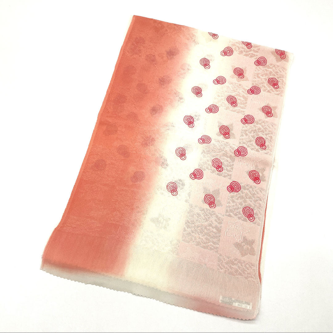 (Like New) Silk Obiage (Sash) - New, Casual, Light Pink Plum Blossom Color, Summer, Geometric Pattern, Round and Round, Approximately 182cm Long, Approximately 29cm Wide, Pink, Item Number: 1136001551913