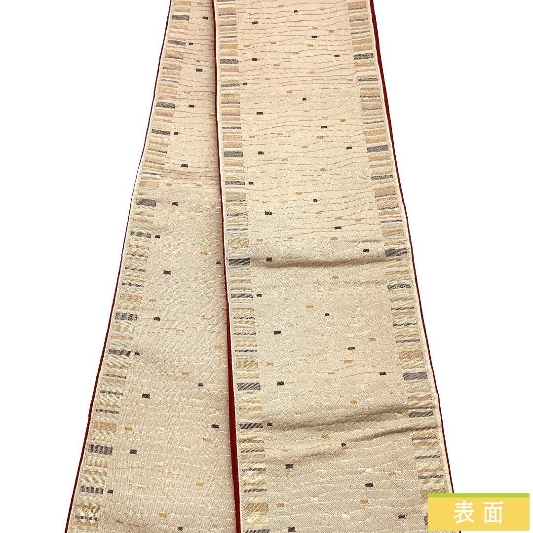【未仕立】半幅帯 ポリエステル Sランク 胡桃色（くるみいろ） 幾何学模様 帯丈364cm ベージュ系 1125003352325