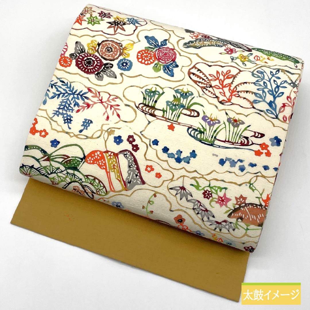 Nagoya obi, natural color, Kyo Bingata, Toyama, floral pattern, obi length 402cm, pure silk, A rank, full length, casual, cream color, 1124008033415, Nagoya style