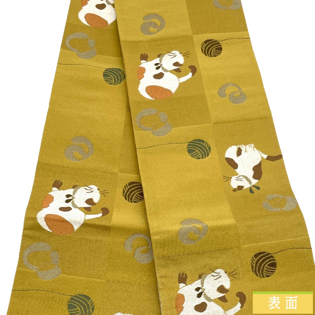 半幅帯 ポリエステル Aランク 楊梅色（やまももいろ）・黄唐紙色（きからかみいろ） 鴇色鼠色（ときいろねずいろ）・白茶色（しらちゃいろ） リバーシブル 猫 市松 桜 帯丈452cm マルチカラー 1125005223428