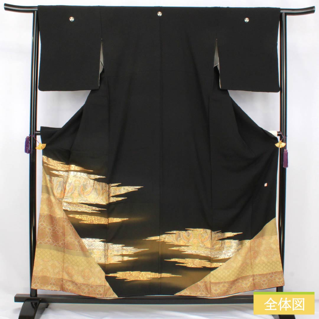 黒留袖 正絹 Sランク 身丈157.5cm 裄丈61.5cm 袷 金彩加工 五つ紋 丸に三つ柏 作家物 吉祥文様 五つ紋 黒系 1111001972310