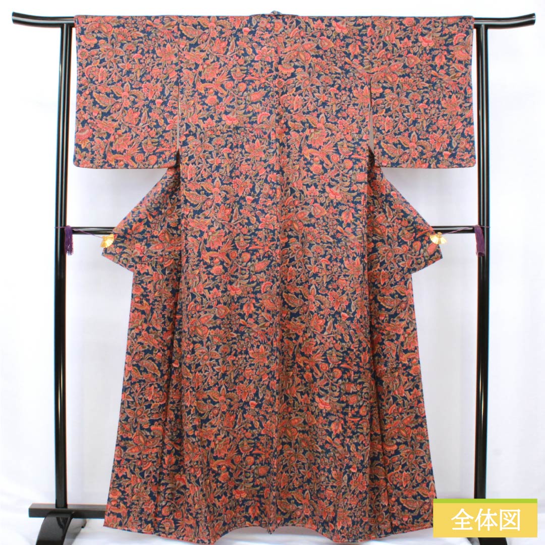 小紋 正絹 Sランク 身丈161cm 裄丈62.5cm 袷 鉄蒲萄色（てつぶどういろ） 更紗 しつけ糸付き 紺系 1115007142418