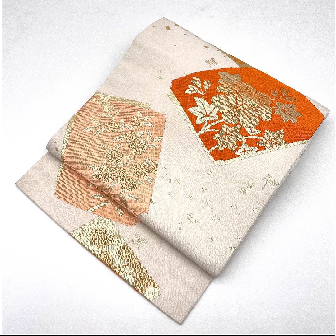 名古屋帯 胡粉色 花模様 帯丈356cm ポリ Sランク 六通 セミフォーマル 白系 1124003372311  名古屋仕立て