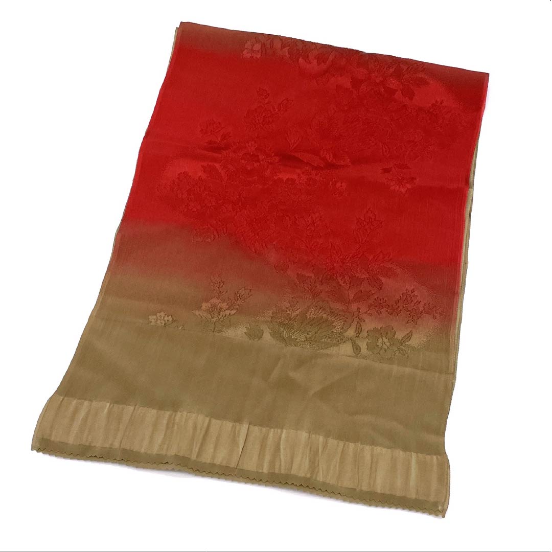 帯揚げ 正絹 Sランク カジュアル 土色（つちいろ） 柘榴色（ざくろいろ） よろけ 花 長さ約180cm 幅約29.5cm 茶系 1136004382914