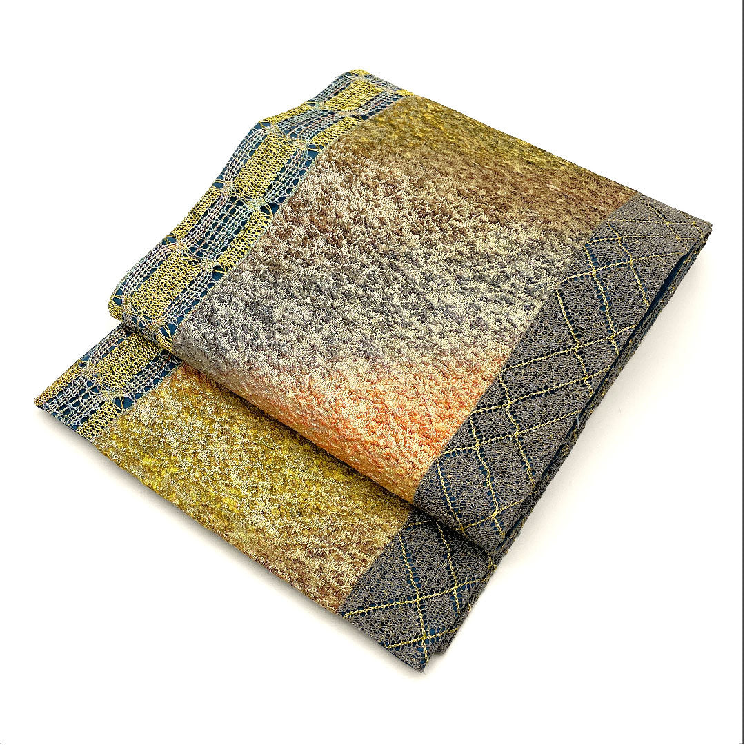 袋帯 ふくれ織り 帯丈452cm 正絹 Aランク 全通 カジュアル 青系 1123002563417