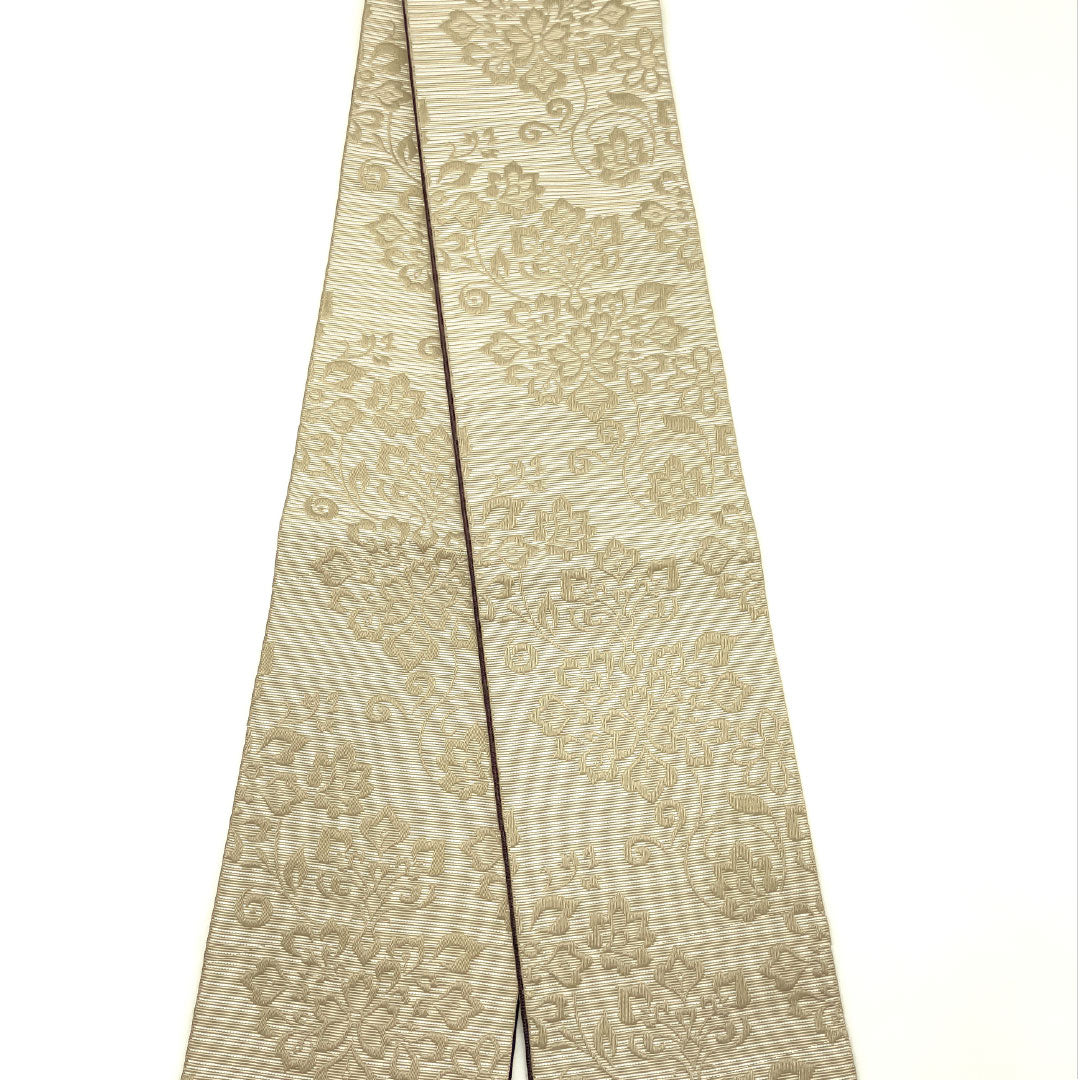 （新品）半幅帯 ポリエステル NEWランク 白橡色（しろつるばみいろ） 至極色（しごくいろ） 唐花模様 七宝つなぎ リバーシブル 帯丈400cm ベージュ系 1125002541425