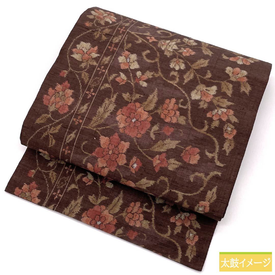 名古屋帯 正絹 Sランク 紅檜皮色（べにひわだいろ） 更紗文様 紬地 帯丈362cm 六通 カジュアル 茶系 1124009342314 名古屋仕立て