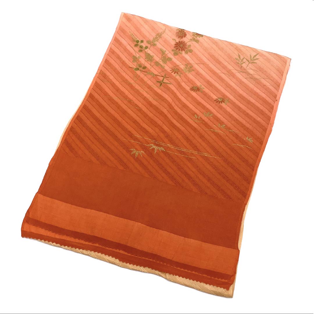 S-Rank Silk Obiage (Semi-Formal) - Skin Tone and Vermilion Gradient with Plant Pattern, Orange, Length: Approx. 164cm, Width: Approx. 28.5cm, Product Code: 1136001912926