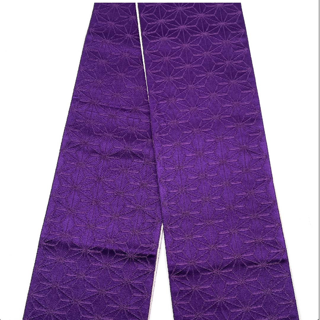 （未仕立）半幅帯 ポリエステル 似紫色（にせむらさきいろ） リバーシブル 白 麻の葉模様 古典柄 幾何学模様 帯丈344cm 紫系 Sランク 1125000982320