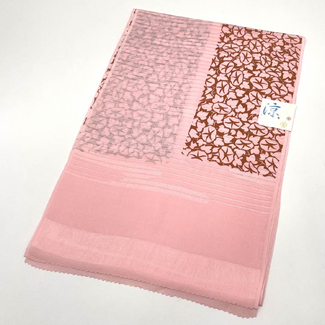 （新品）帯揚げ 正絹 セミフォーマル 桃色（ももいろ） 夏物 朝顔 長さ約174cm 幅約28.5cm NEWランク ピンク系 1136000831913