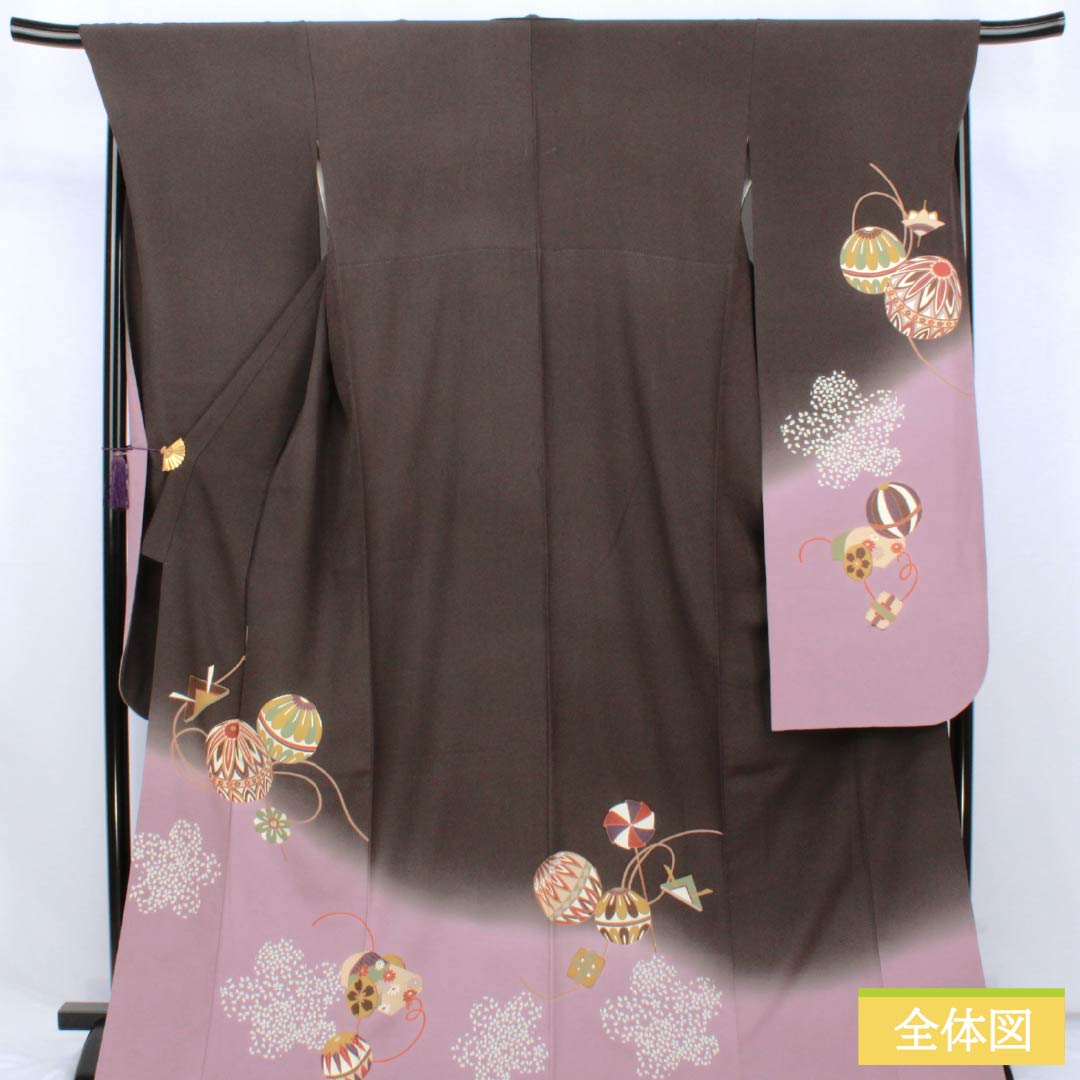 Furisode Kimono (long-sleeved kimono) made of pure silk, rank B, length 173.5cm, sleeve length 69.5cm, lined, ink-colored (sumi-iro) Kyoto Yuzen pattern, ball design, gray tones, product number 1113002744622