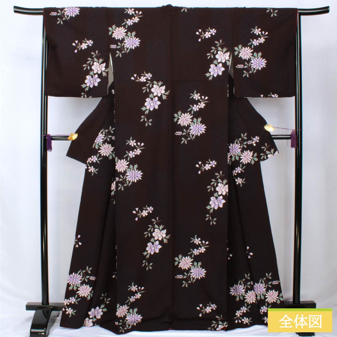 小紋 ポリエステル 身丈168.5cm 裄丈65cm 袷 紗綾形 花 洗える着物 Sランク 黒系 1115005952510