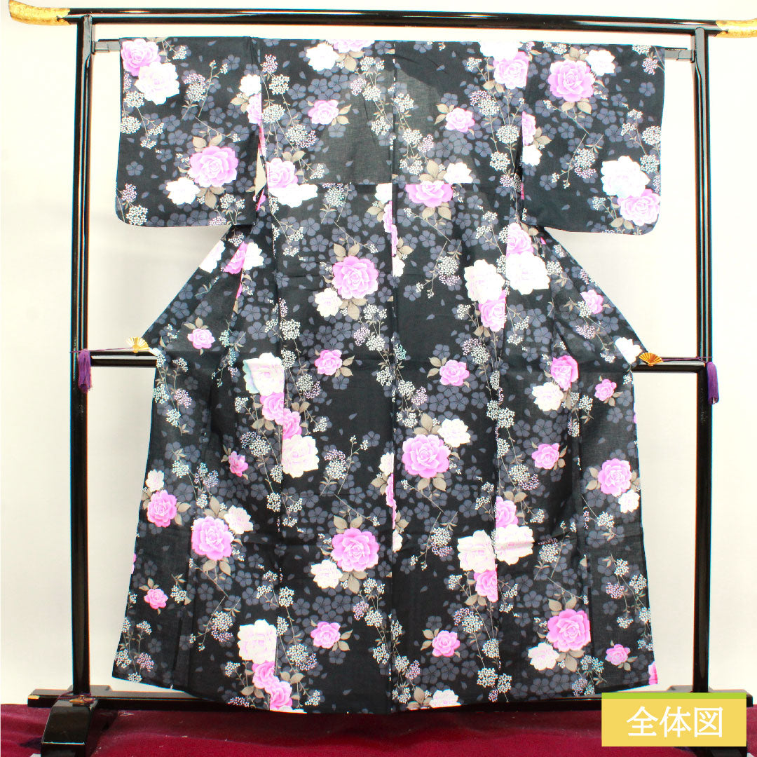 Yukata Cotton Length 159cm Sleeve length 64.5cm B rank Single layer Black Rose Gypsophila Cherry blossom 1118004554310