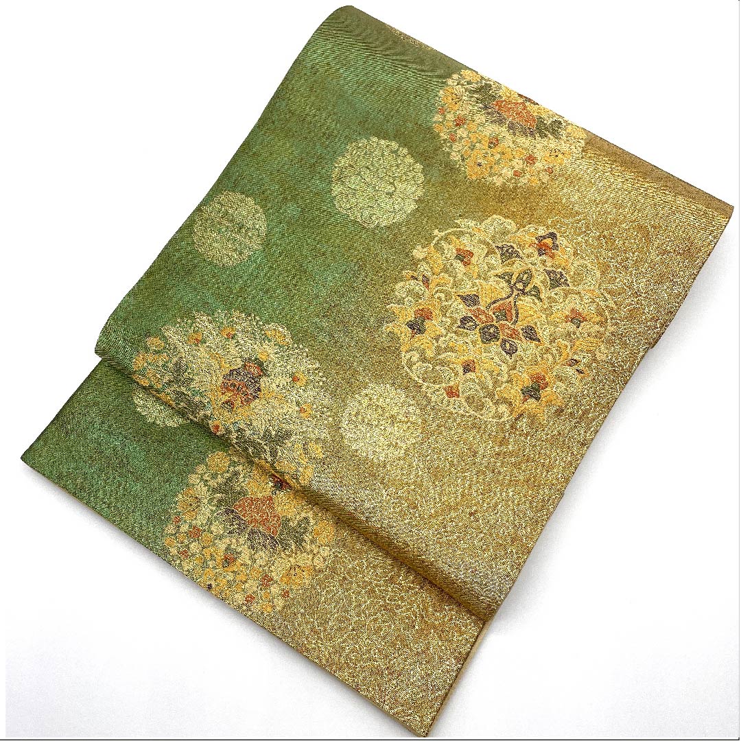 Fukuro Obi (Buddha's Hand Orange Color) Mirror Pattern Obi Length 438cm Pure Silk S Rank Six-way Formal Green 1123007982319