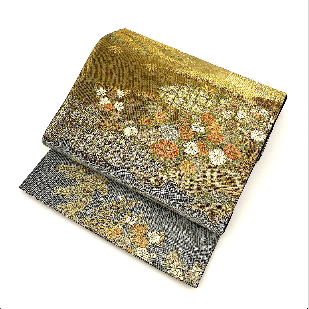 袋帯 花車 帯丈430cm 正絹 Sランク 六通 フォーマル グレー系 1123002702322