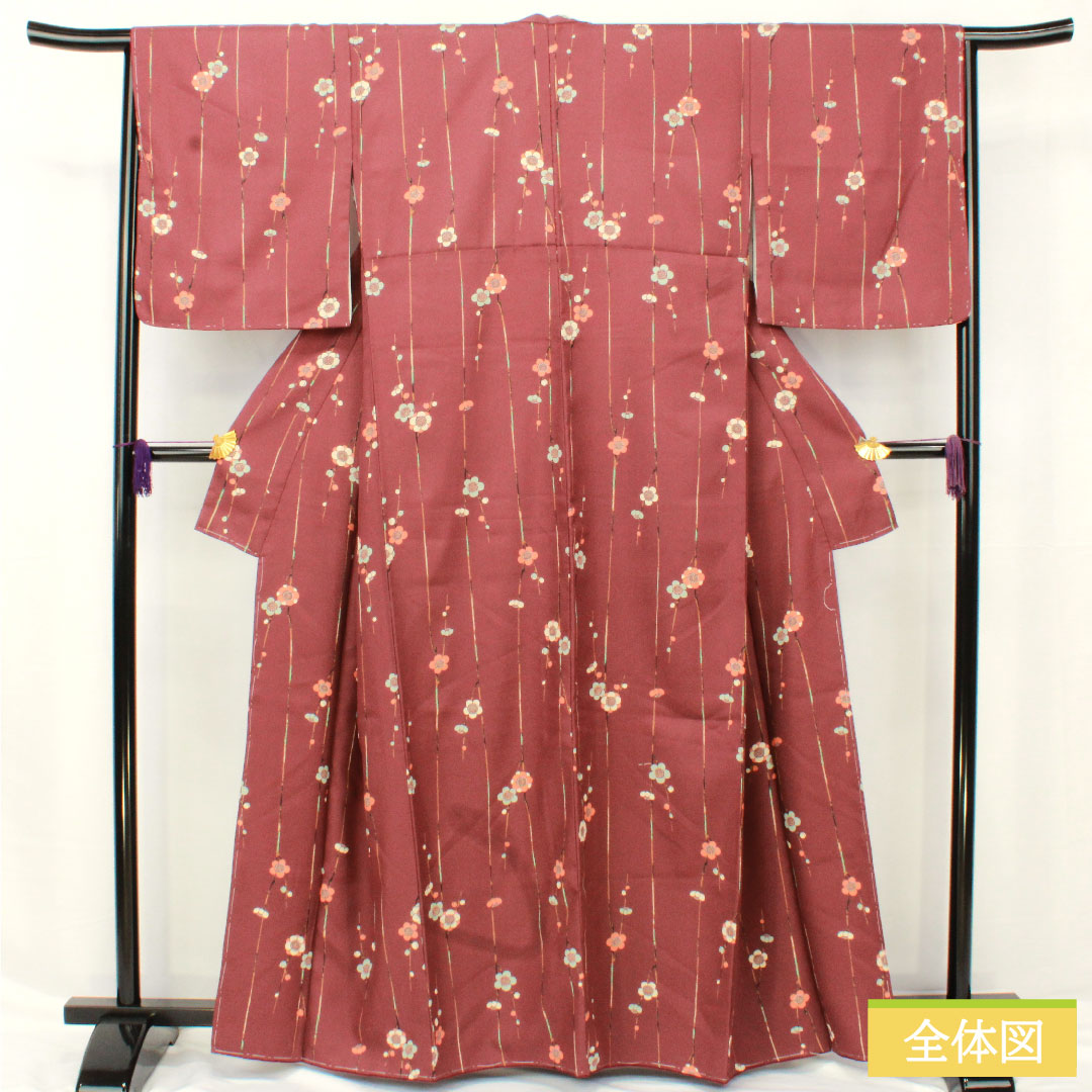 小紋 ポリエステル 身丈162cm 裄丈65.5cm 袷 紫土色（しどいろ） 洗える着物 梅 しつけ糸付き Aランク 紫系 1115004853420