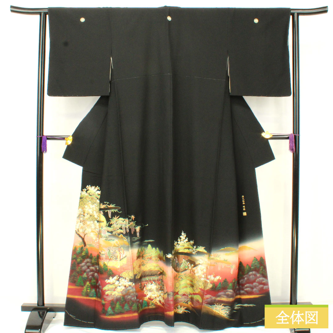 Black formal kimono, pure silk, length 161cm, sleeve length 62cm, lined, Kyoto Yuzen, Tale of Genji, artist's work, five crests, circle with diamonds, A rank, black, 1111001483410