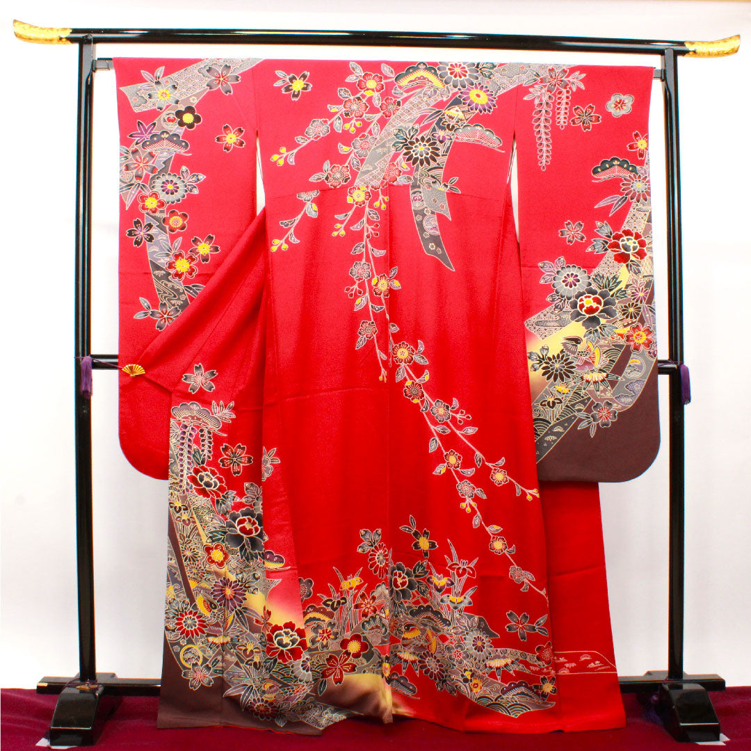 振袖 身丈167cm 裄丈68cm 袷  真紅色 京紅型 吉祥文様 スコッチガード加工  正絹 Sランク 赤系 1113001692512