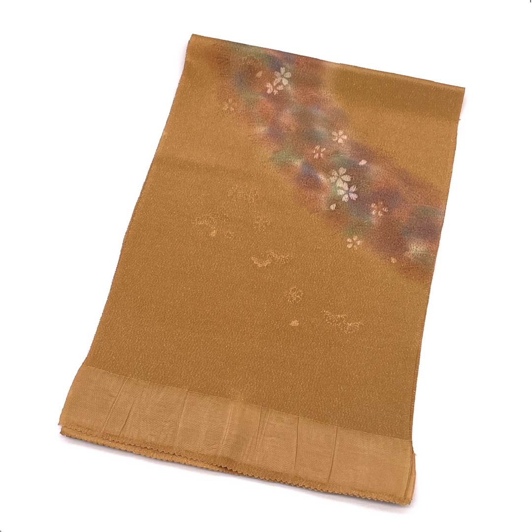 帯揚げ 正絹 フォーマル 遠州茶色（えんしゅうちゃいろ） 金通し 桜 花柄 長さ約172cm 幅約30cm Sランク 茶系 1136000422914