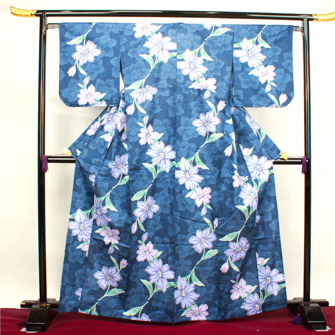 浴衣 韓藍色 ツツジ 木綿 Sランク 単衣 身丈165cm 裄丈66cm 紺系 1118003602518