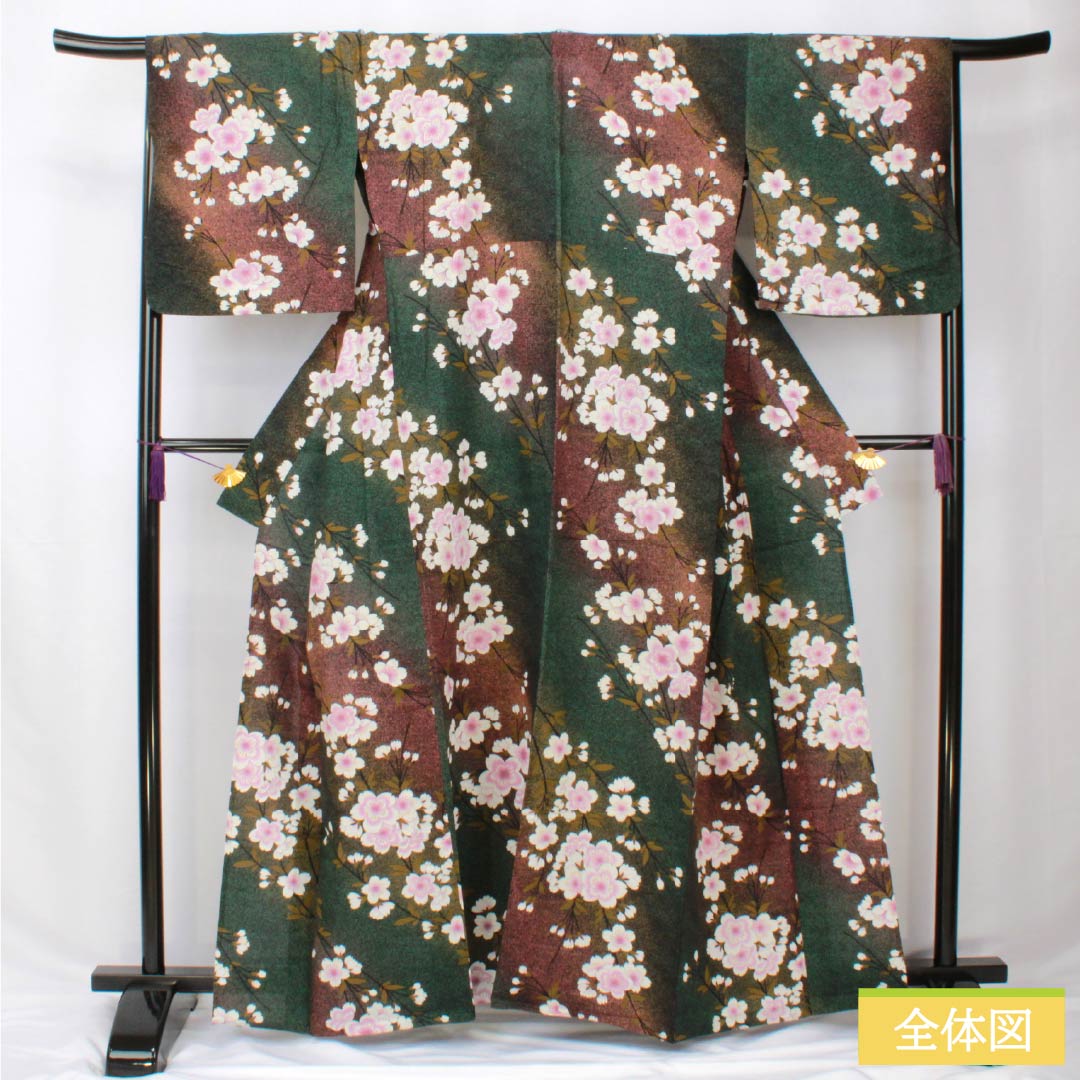 浴衣 木綿 身丈162cm 裄丈68cm Bランク 単衣 グラデーション系 萌葱色（もえぎいろ） 長春色（ちょうしゅんいろ） 桜 1118005984499