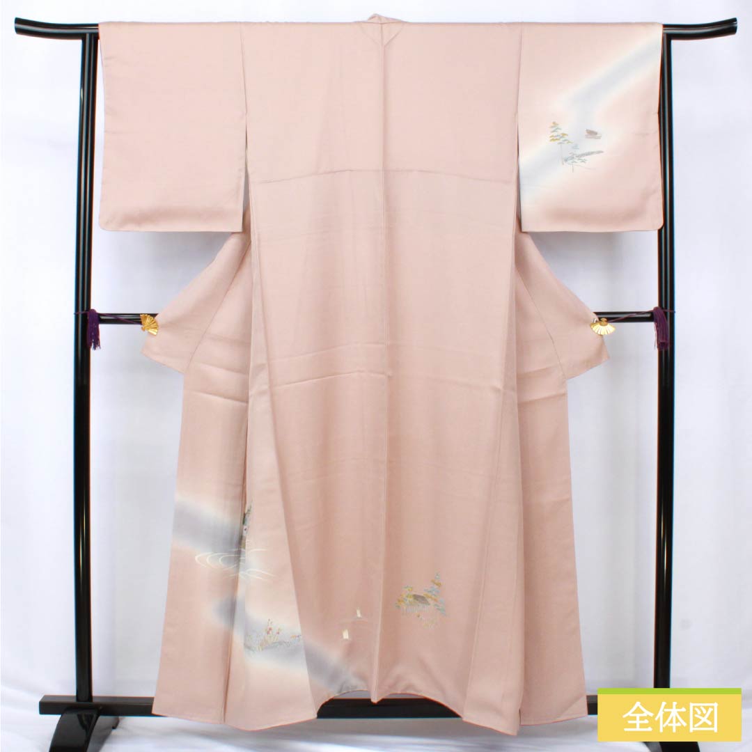 訪問着 正絹 Sランク 袷 身丈155.5cm 裄丈64.5cm 浪速鼠色（なにわねずいろ） 京友禅 付下げ 童 流水 しつけ糸付き ピンク系 1112006612313
