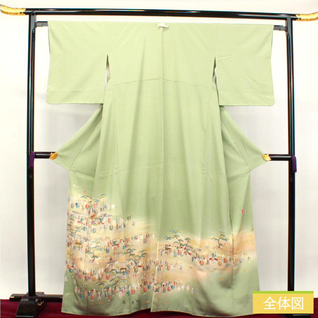 Colored Tomesode, pure silk, length 165cm, sleeve length 64.5cm, lined, ura-hairo (back leaf color), Kyo-Yuzen, Daimyo procession, plum blossom, one crest, with basting thread, unused, S rank, one crest, green, 1111001202519